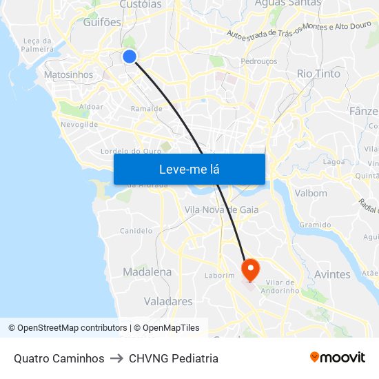 Quatro Caminhos to CHVNG Pediatria map