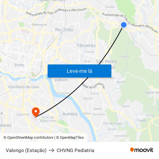 Valongo (Estação) to CHVNG Pediatria map