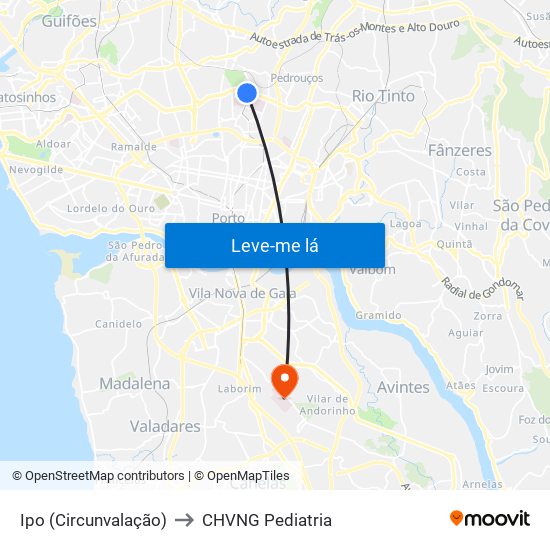 Ipo (Circunvalação) to CHVNG Pediatria map