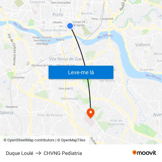 Duque Loulé to CHVNG Pediatria map