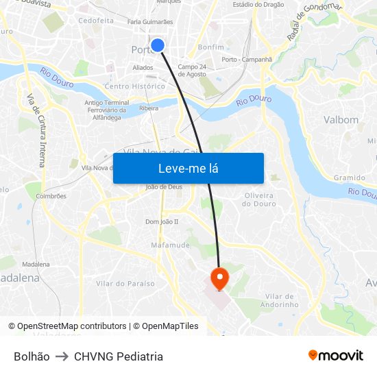 Bolhão to CHVNG Pediatria map