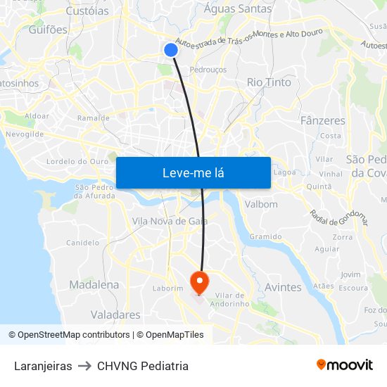 Laranjeiras to CHVNG Pediatria map