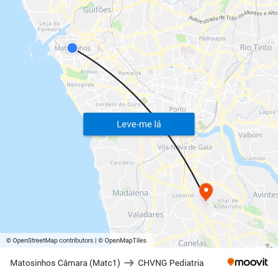 Matosinhos Câmara (Matc1) to CHVNG Pediatria map