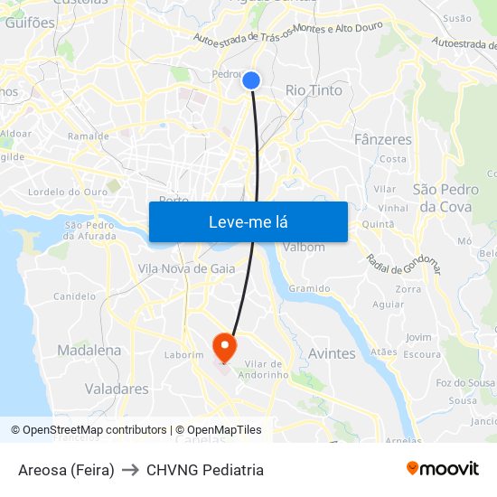 Areosa (Feira) to CHVNG Pediatria map