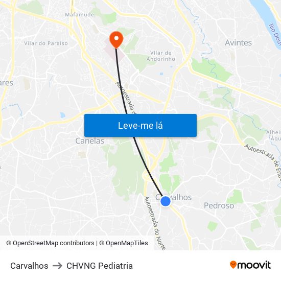 Carvalhos to CHVNG Pediatria map