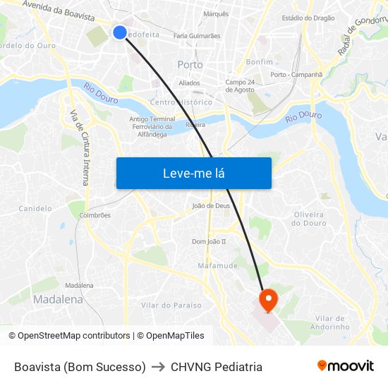 Boavista (Bom Sucesso) to CHVNG Pediatria map