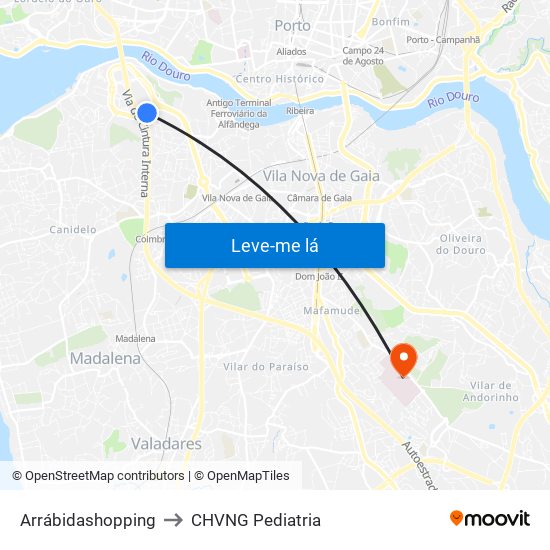 Arrábidashopping to CHVNG Pediatria map