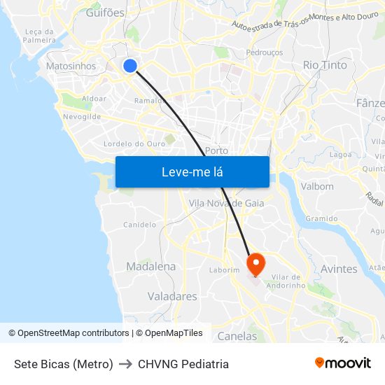 Sete Bicas (Metro) to CHVNG Pediatria map