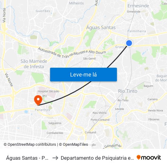 Águas Santas - Palmilheira to Departamento de Psiquiatria e Saúde Mental map