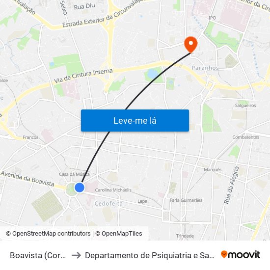 Boavista (Correios) to Departamento de Psiquiatria e Saúde Mental map