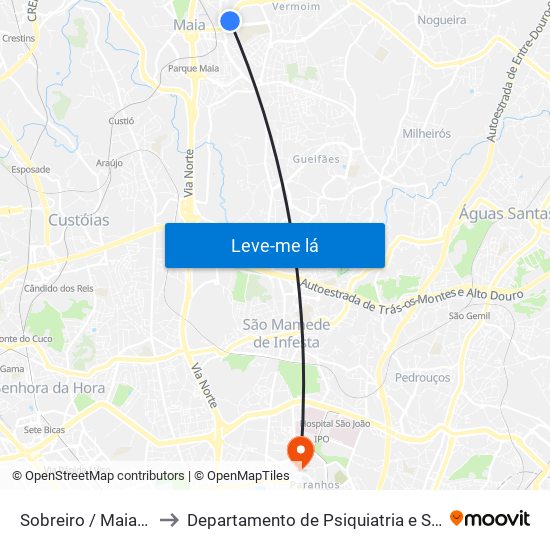 Sobreiro / Maia (Plaza) to Departamento de Psiquiatria e Saúde Mental map