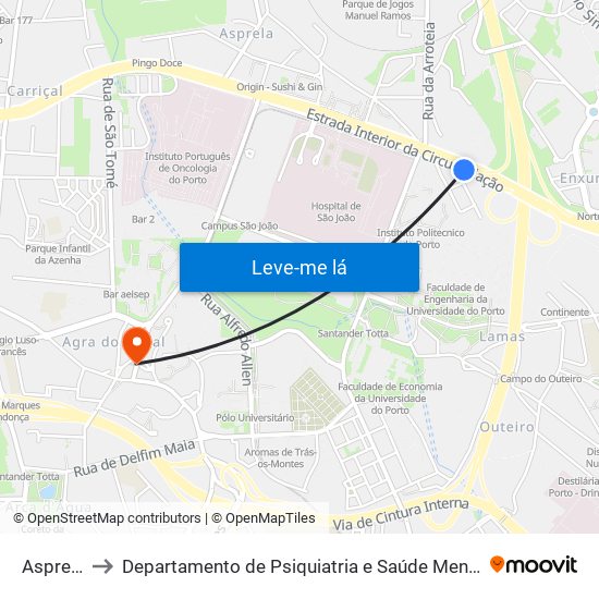 Asprela to Departamento de Psiquiatria e Saúde Mental map