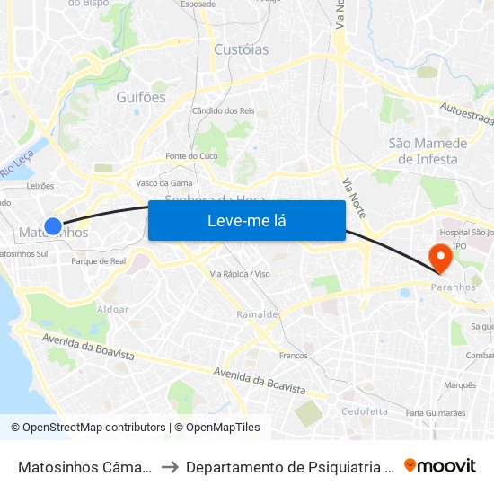 Matosinhos Câmara (Matc1) to Departamento de Psiquiatria e Saúde Mental map