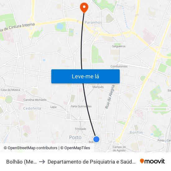 Bolhão (Metro) to Departamento de Psiquiatria e Saúde Mental map