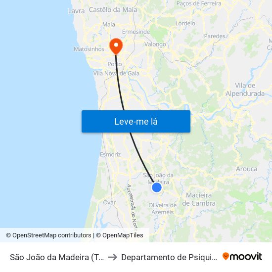 São João da Madeira (Terminal Rodoviário) to Departamento de Psiquiatria e Saúde Mental map