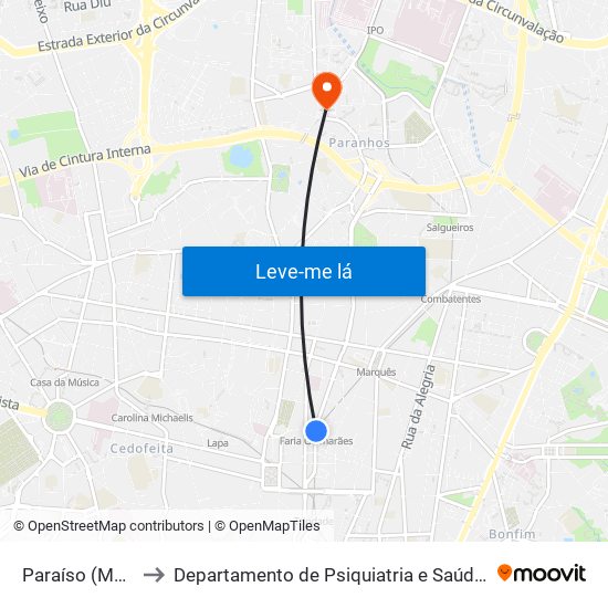 Paraíso (Metro) to Departamento de Psiquiatria e Saúde Mental map