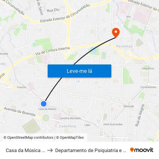 Casa da Música (Metro) to Departamento de Psiquiatria e Saúde Mental map