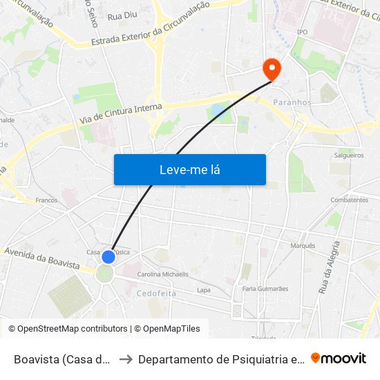 Boavista (Casa da Música) to Departamento de Psiquiatria e Saúde Mental map