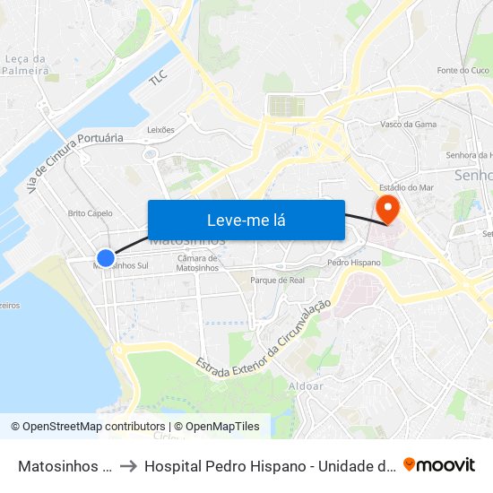 Matosinhos (Praia) to Hospital Pedro Hispano - Unidade de Neonatologia map