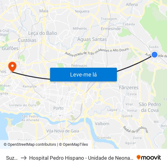 Suzão to Hospital Pedro Hispano - Unidade de Neonatologia map