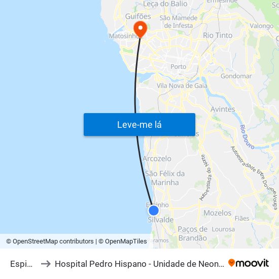 Espinho to Hospital Pedro Hispano - Unidade de Neonatologia map