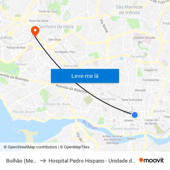 Bolhão (Mercado) to Hospital Pedro Hispano - Unidade de Neonatologia map