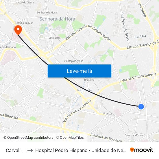 Carvalhido to Hospital Pedro Hispano - Unidade de Neonatologia map