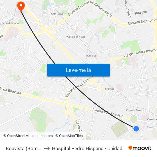 Boavista (Bom Sucesso) to Hospital Pedro Hispano - Unidade de Neonatologia map