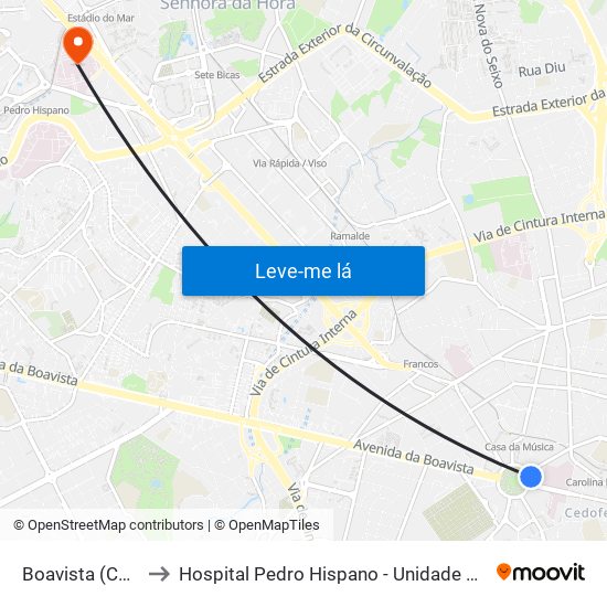 Boavista (Correios) to Hospital Pedro Hispano - Unidade de Neonatologia map