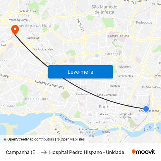 Campanhã (Estação) to Hospital Pedro Hispano - Unidade de Neonatologia map