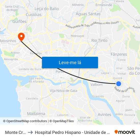 Monte Crasto to Hospital Pedro Hispano - Unidade de Neonatologia map