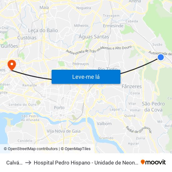 Calvário to Hospital Pedro Hispano - Unidade de Neonatologia map