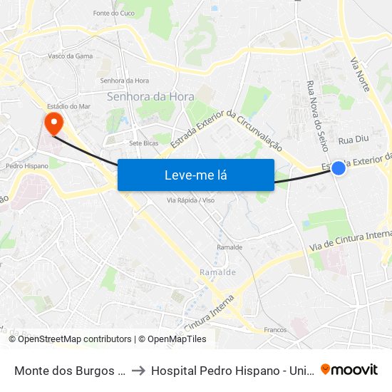 Monte dos Burgos (Circunvalação) to Hospital Pedro Hispano - Unidade de Neonatologia map