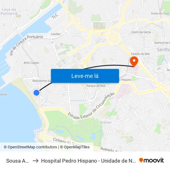 Sousa Aroso to Hospital Pedro Hispano - Unidade de Neonatologia map