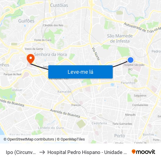 Ipo (Circunvalação) to Hospital Pedro Hispano - Unidade de Neonatologia map