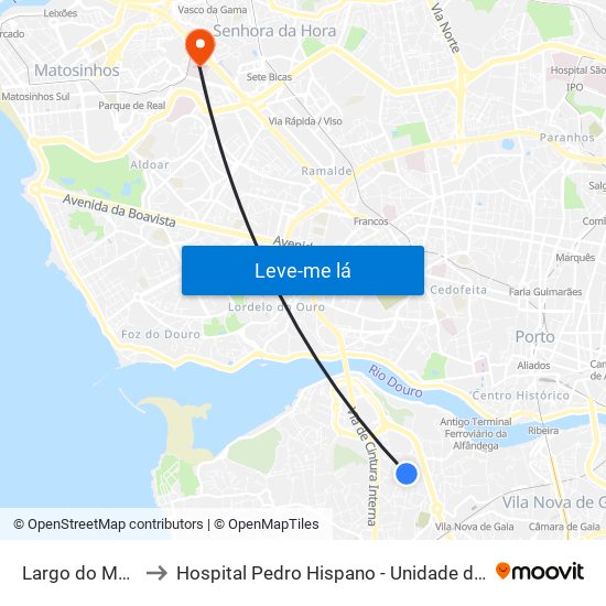 Largo do Montinho to Hospital Pedro Hispano - Unidade de Neonatologia map