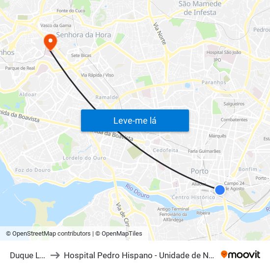 Duque Loulé to Hospital Pedro Hispano - Unidade de Neonatologia map