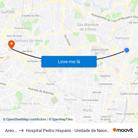 Areosa to Hospital Pedro Hispano - Unidade de Neonatologia map