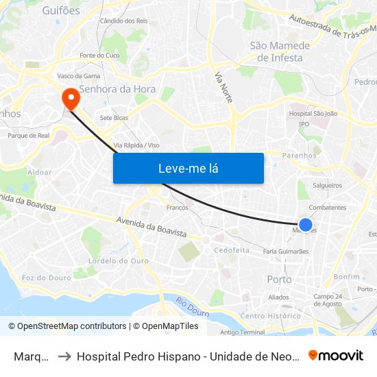 Marquês to Hospital Pedro Hispano - Unidade de Neonatologia map