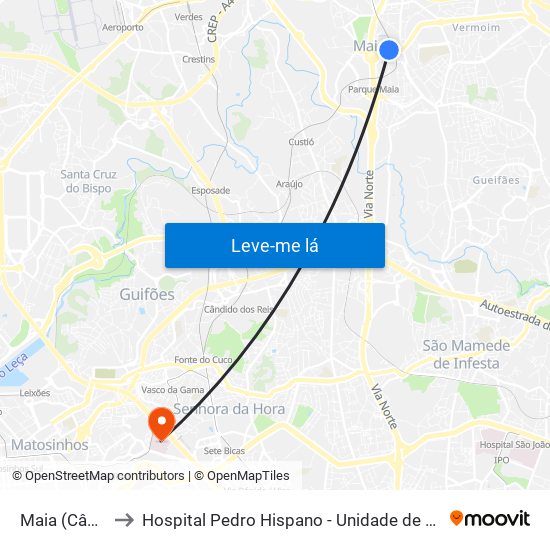 Maia (Câmara) to Hospital Pedro Hispano - Unidade de Neonatologia map