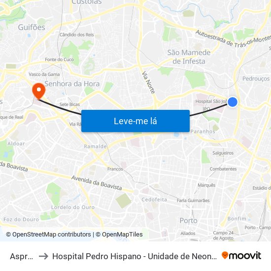 Asprela to Hospital Pedro Hispano - Unidade de Neonatologia map