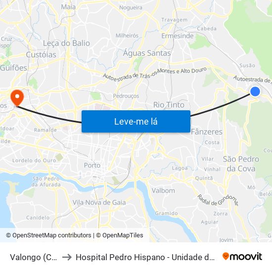 Valongo (Centro) to Hospital Pedro Hispano - Unidade de Neonatologia map