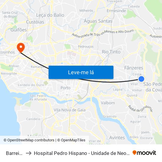 Barreiros to Hospital Pedro Hispano - Unidade de Neonatologia map