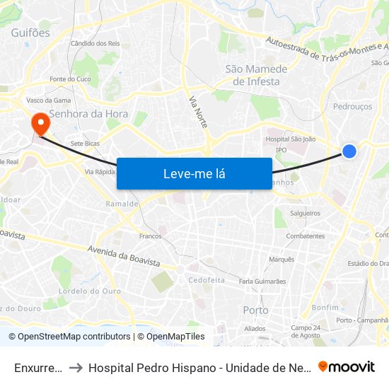 Enxurreiras to Hospital Pedro Hispano - Unidade de Neonatologia map