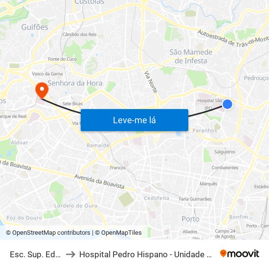 Esc. Sup. Educação to Hospital Pedro Hispano - Unidade de Neonatologia map
