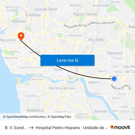 B. V. Gondomar to Hospital Pedro Hispano - Unidade de Neonatologia map