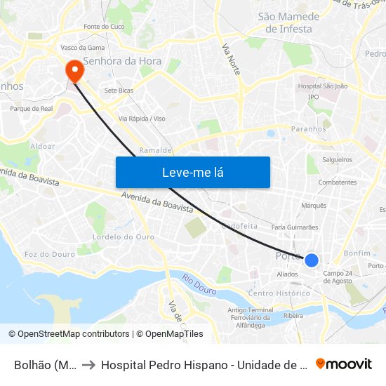 Bolhão (Metro) to Hospital Pedro Hispano - Unidade de Neonatologia map