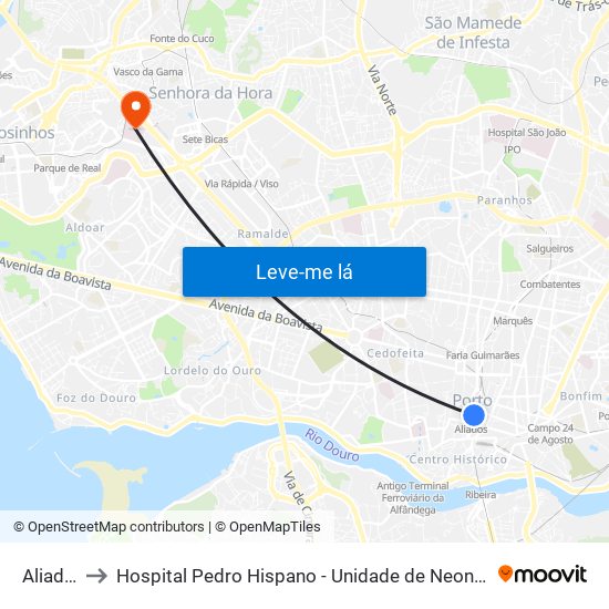 Aliados to Hospital Pedro Hispano - Unidade de Neonatologia map