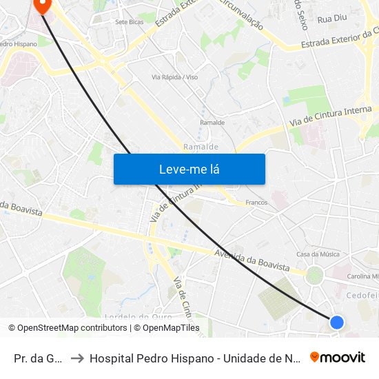 Pr. da Galiza to Hospital Pedro Hispano - Unidade de Neonatologia map