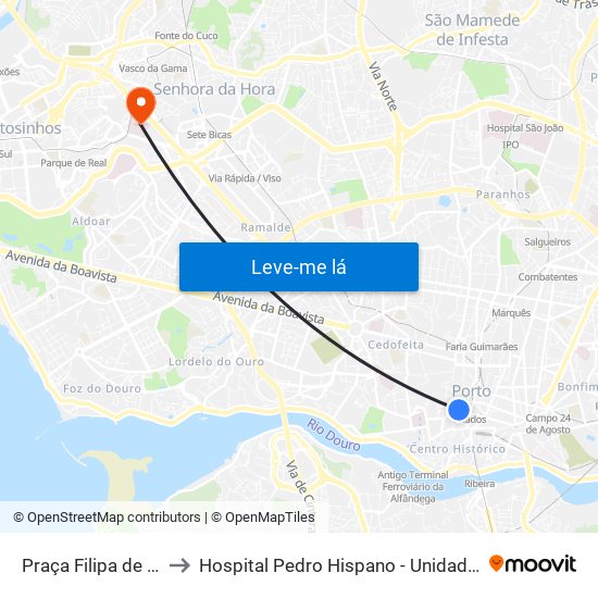 Praça Filipa de Lencastre to Hospital Pedro Hispano - Unidade de Neonatologia map